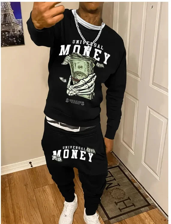 

2025 Autumn and Winter Trendy New Men's Loose Casual Fit Sweatshirt Sweatpants Printed Letter Hundred Long Sleeve Sweatshirt Set