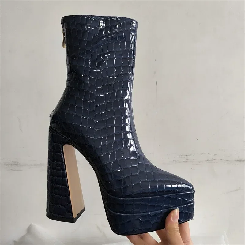 New Stone Pattern Rear Zipper Pointed End Short Boots European American Plush Warm Waterproof Platform Women Ankle Boots34-45