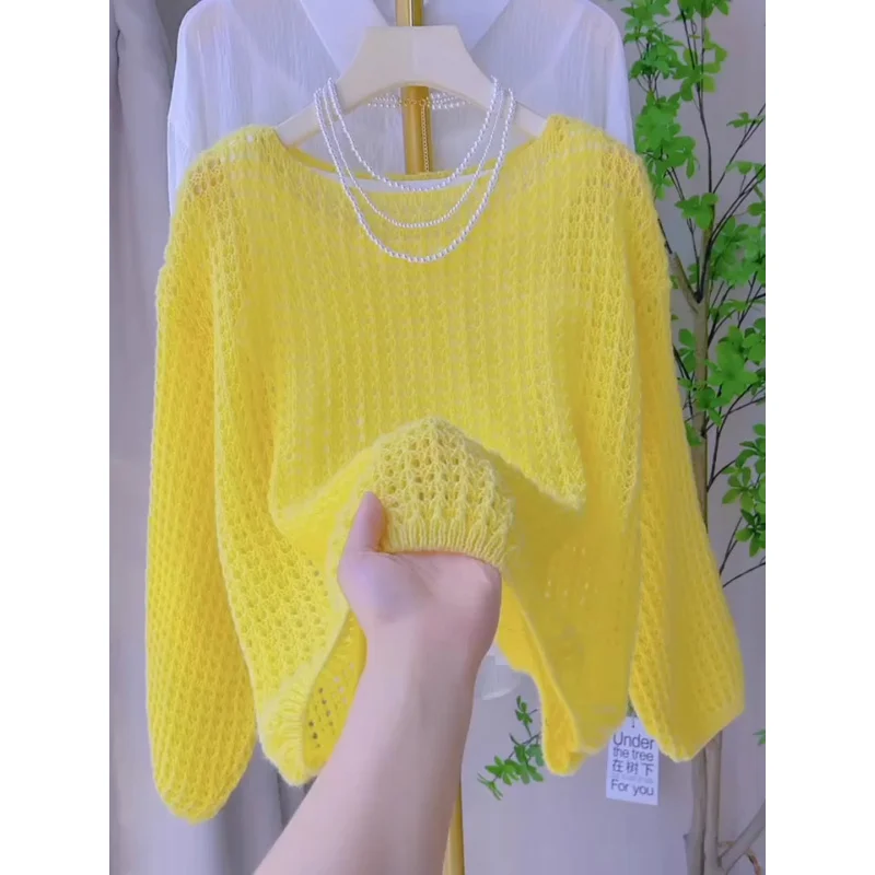 Spring and Summer Thin Hollow Long Sleeve Knitted Sweater for Women, Loose Breathable Vintage Design Top
