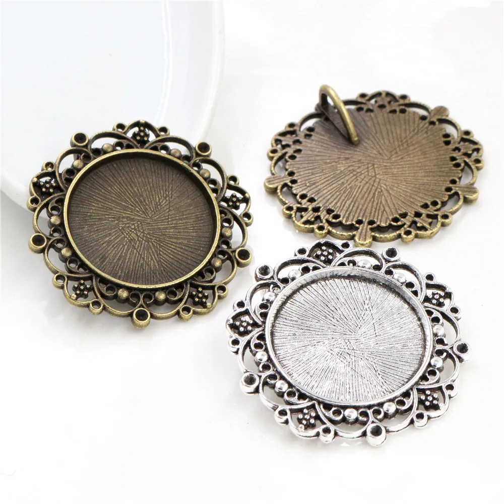 New Fashion 5pcs 25mm Inner Size Antique Silver Plated Baroque Style Cabochon Base Setting Charms Pendant