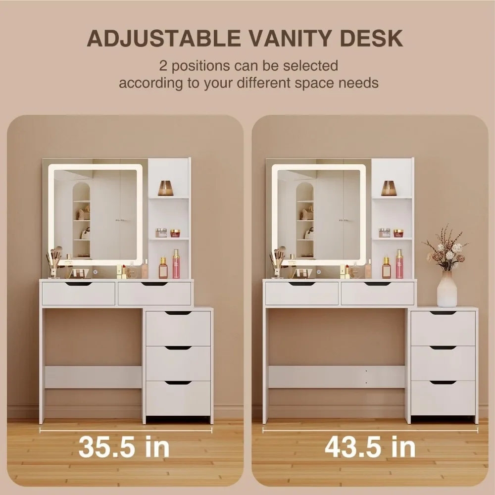 Aiho-Vanity Desk Maquiagem com Espelho e Luzes, 5 gavetas e prateleiras de armazenamento, 43,5 "Vanity Table