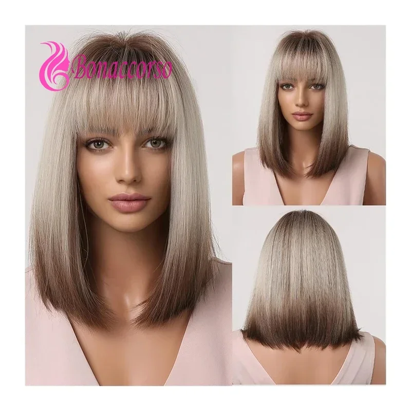 Bob Ombre Color Synthetic Short Straight Wig Highlight Brown Blonde Wigs For Women Blunt Bangs Heat Resistant Fiber Daily Party