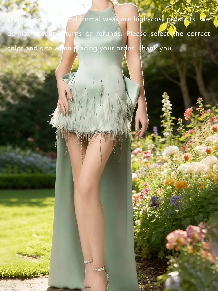 Classic O-Neck Satin Sleeveless Feather High Low Formal Evening Dresses Birthday Party Prom Gowns Customized