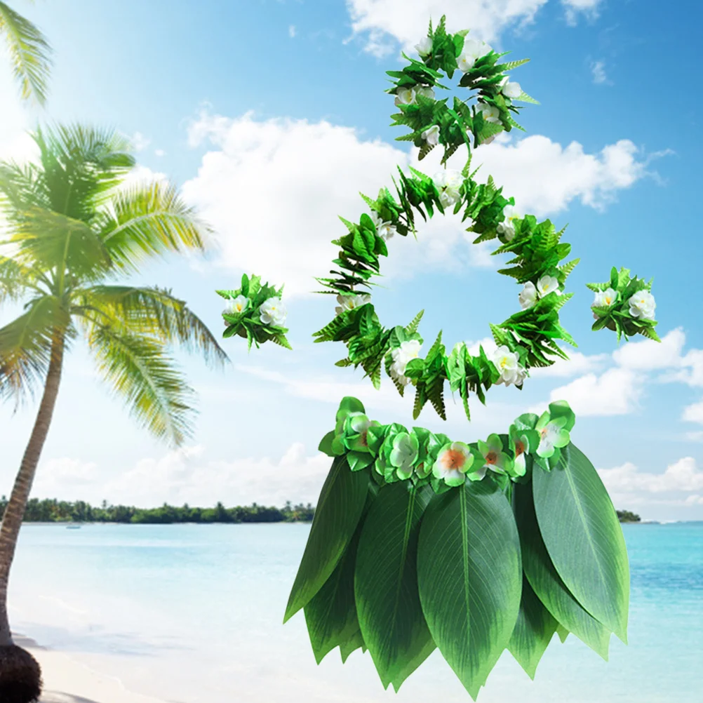 

5pcs Hawaiian Party Supplies Set 23.6" Waist Green Fabric Silk Leaf Skirt For Kids Luau Costume Necklace Bracelets Headband
