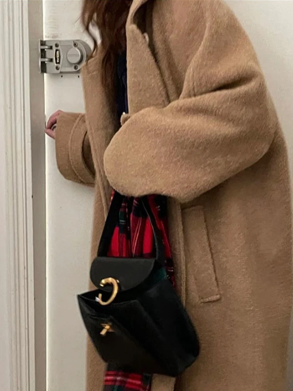 

Women's Woolen Coat 2025 New Autumn Winter Camere Wide Briti Sle Woolen Outerwear Mid-Length Loose Fit Korean Sle