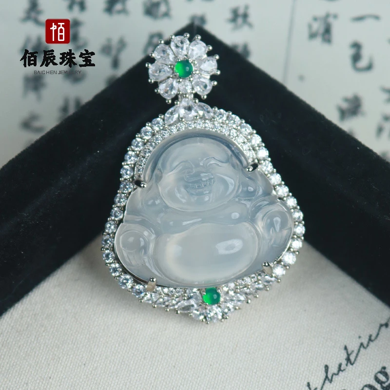 Wholesale silver-plated pendant with white chalcedony and large belly Buddha design for women, ice jade Buddha pendant, new Chin