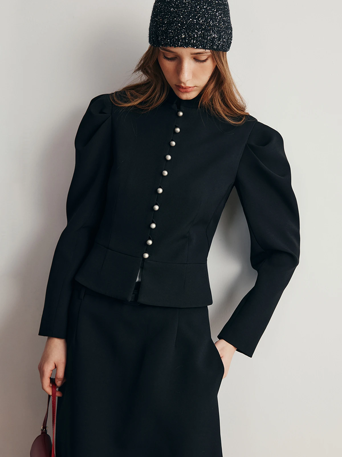 

Retro Aesthetic Court Sle Bubble Sve round Button Stand Collar Jaet Women's Outerwear Polyester Fiber Warmth ort Coat