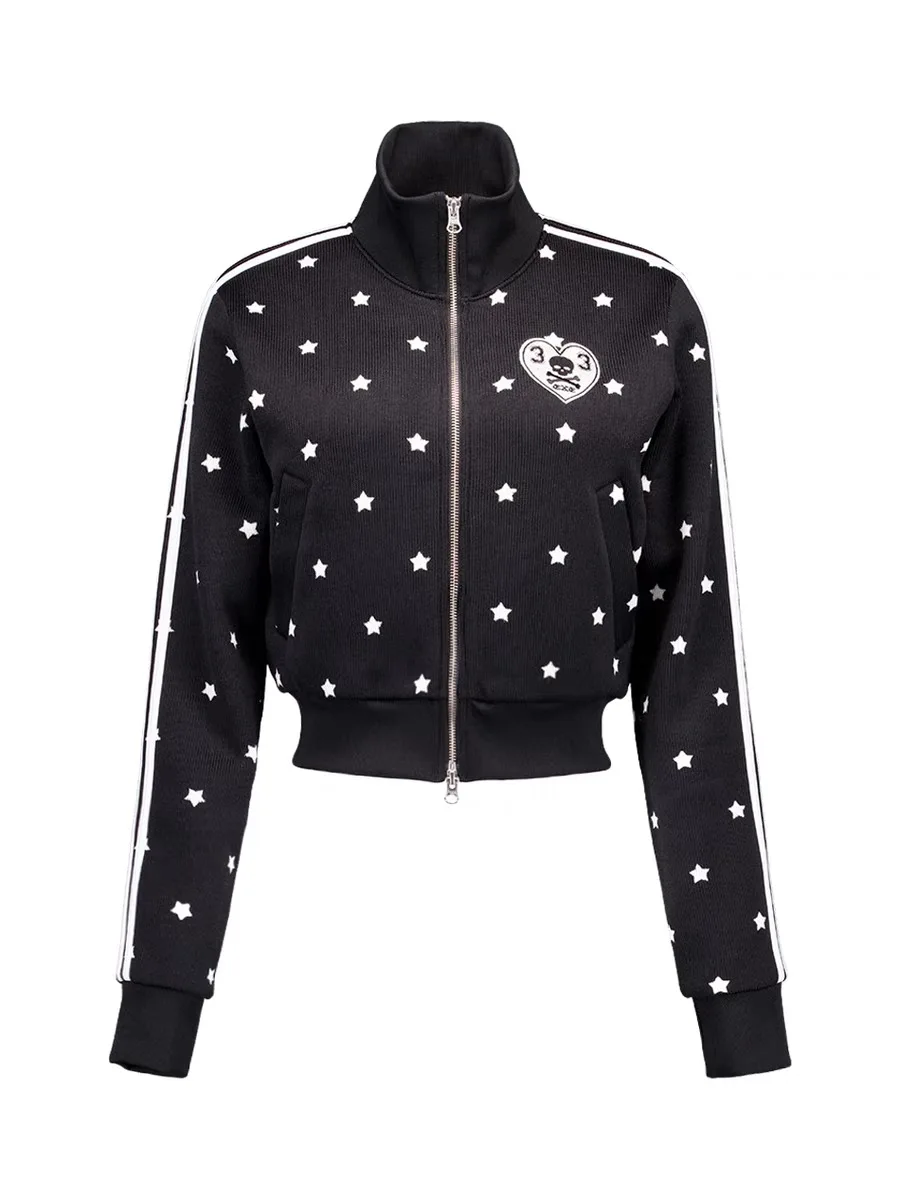 

American Sle Zipper Star Print Knitted Jaet Outerwear by Liu Zhimin Commute Sle Loose Fit Long Sve Hooded Coat