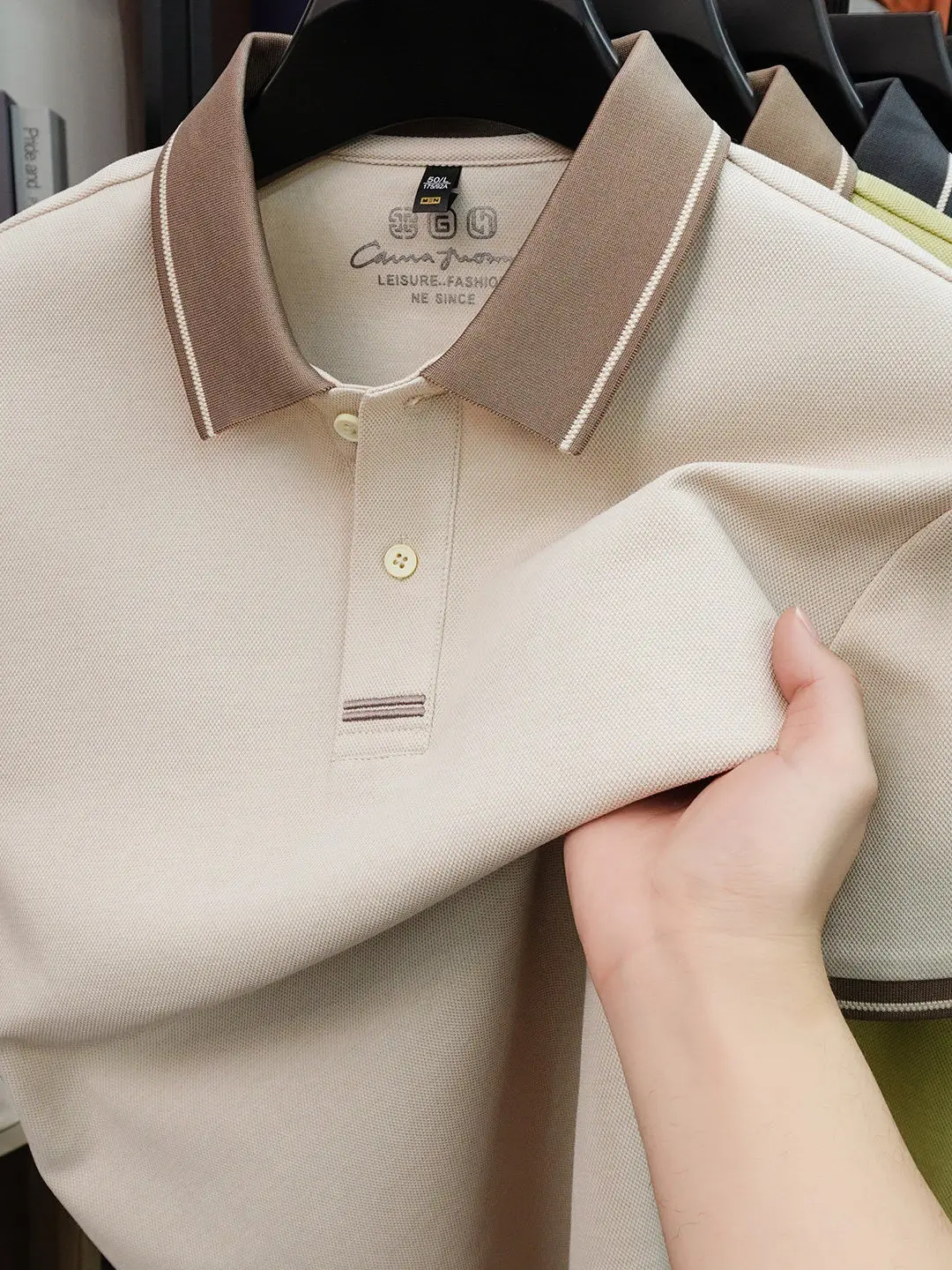 

High-End Men's irt 2026 New Summer ort Sve T-irt Turn-down Collar Casual Top Busin Pure Cotton Color Blo