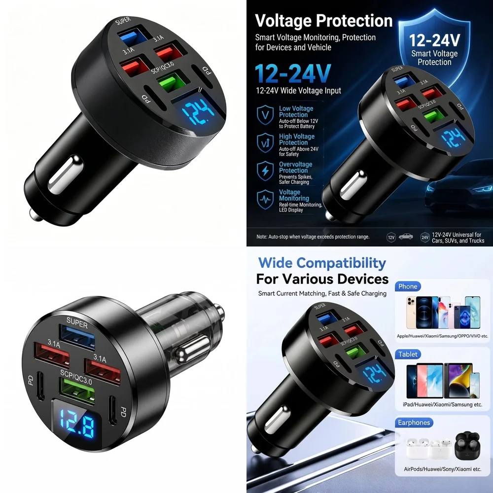6 in 1 Multi Port 100W Car Charger with LED Digital Voltage Display QC3.0 PD Fast Charging USB Adapter for iPhone Samsung iPad