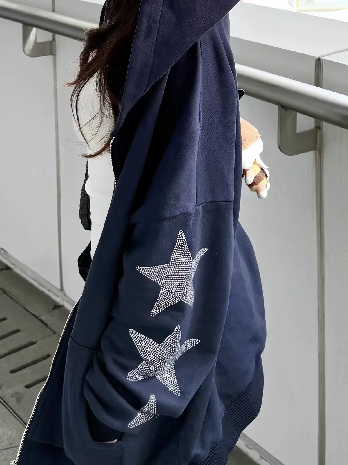 American Street Style Blue Hoodie Jacket Men's Spring Autumn Trendy Lazy Open Cardigan Sweatshirt Star Rhinestone Hooded Coat