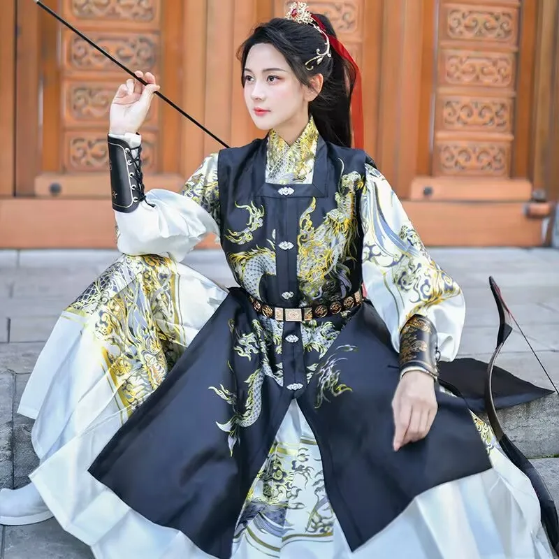 Armadura Hanfu para hombres y mujeres, vestido de armadura china antigua, disfraz de arquero para parejas, conjuntos de Hanfu negro y Beige para hombres y mujeres de talla grande