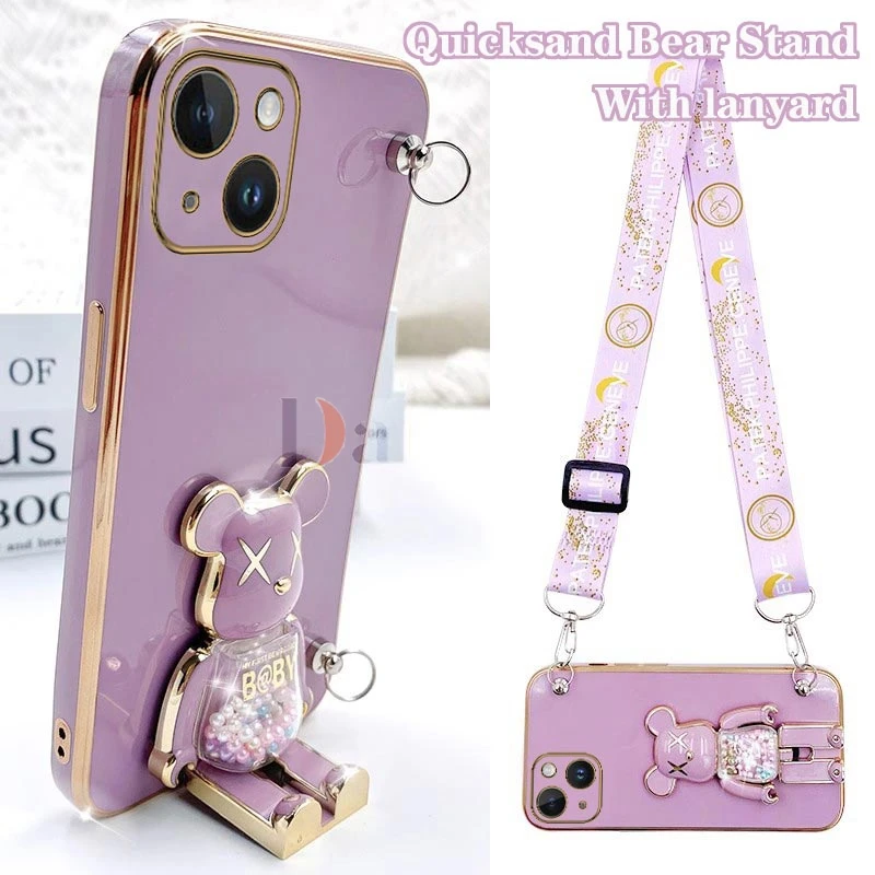 Cartoon Bear Lanyard Plating Phone Stereoscopic Holder Case For IPhone 14 13 12 15 11 Pro Max Mini 15 Plus X XS  XR 13 Pro Cover