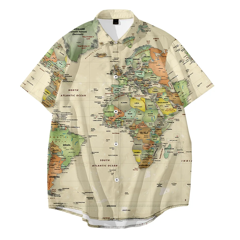 Men's Shirts Y2k Hombre Map Pattern 3D Digital Printing Short Shirts Men's Street Hawaii Vintage Shirts Men's Shirts