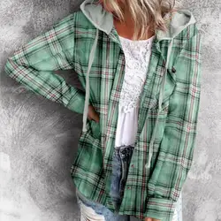 Women Cardigan Shirt Classic Plaid Print Hooded Sweatshirt Shirt Thick Warm Plaid Pattern Loose Shirt Coat Autumn New Outwear