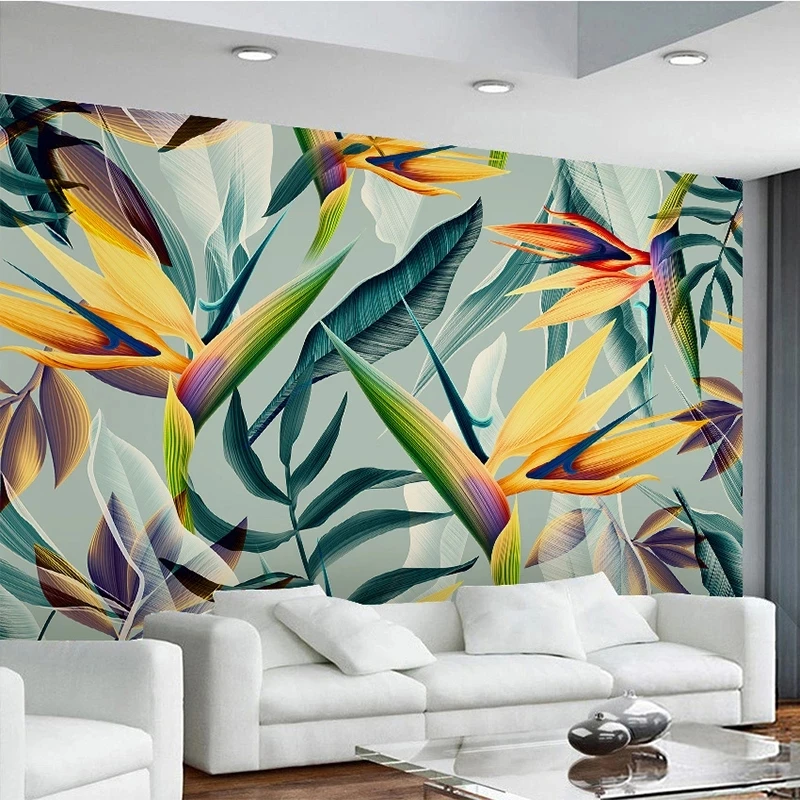 papel-de-parede-personalizado-com-paisagem-tropical-do-sudeste-asiatico-em-3d-tema-de-folhas-coloridas-para-quarto-hotel-restaurante-e-sala-de-estar