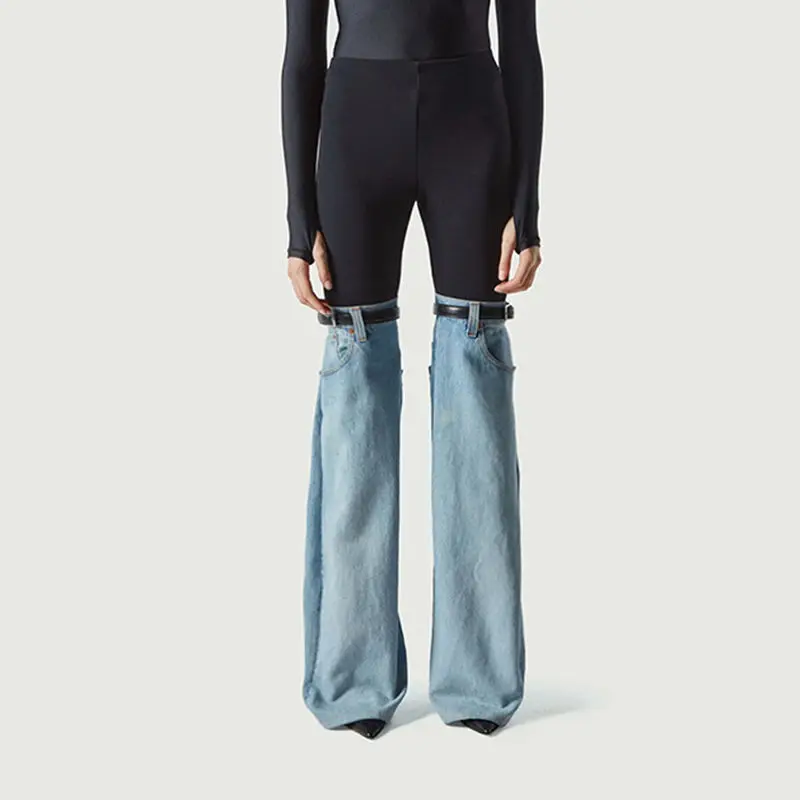 Calça reta de cintura alta feminina, jeans costurado, calça feminina, longa, cores contrastantes, nova chegada, moda primavera, 2022