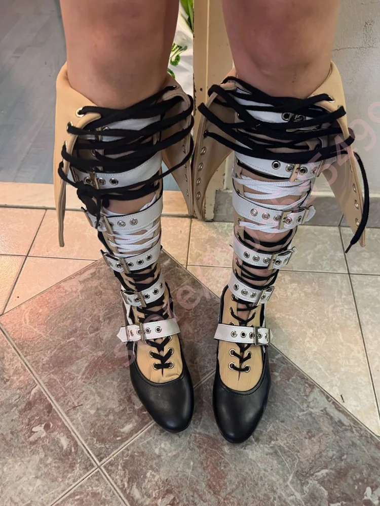 Round Mixed-Color Belt Buckle Lace-Up Overknee Boots 2025 Autumn New Street Stage Boots Fashion Women's Party Casual Long Boots