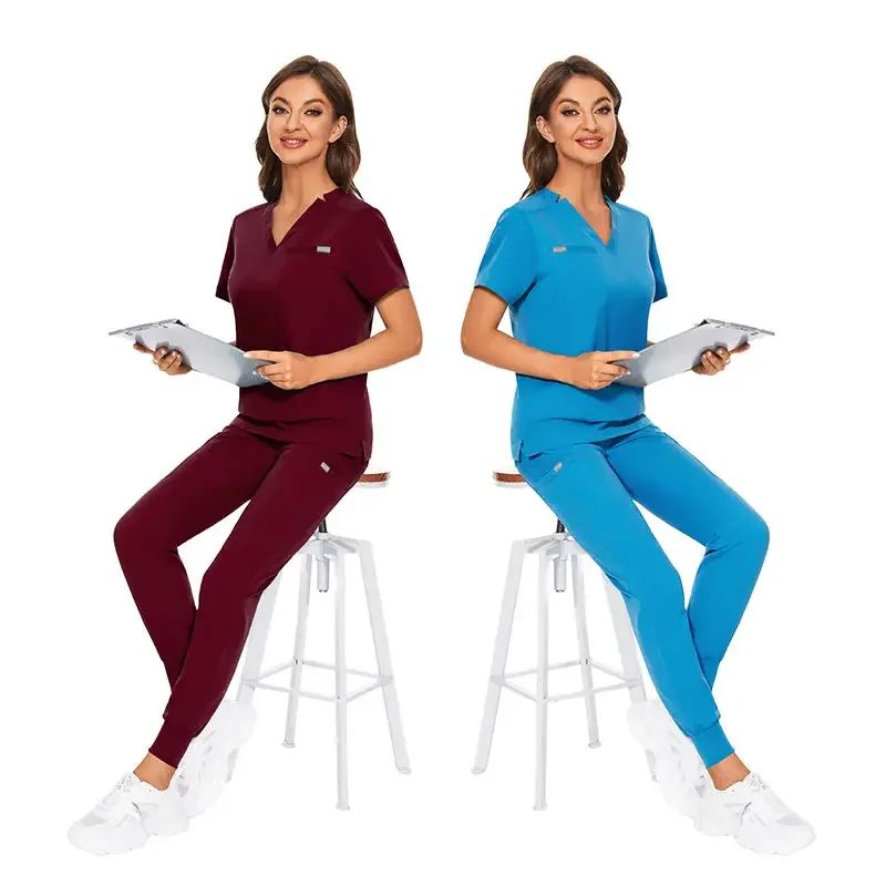 High Quality Casual Breathe Quick-dry Elastic Unisex V-Neck Jogger Dentist Beauty Salon Laboratory Nurse Scrubs Hospital Sets