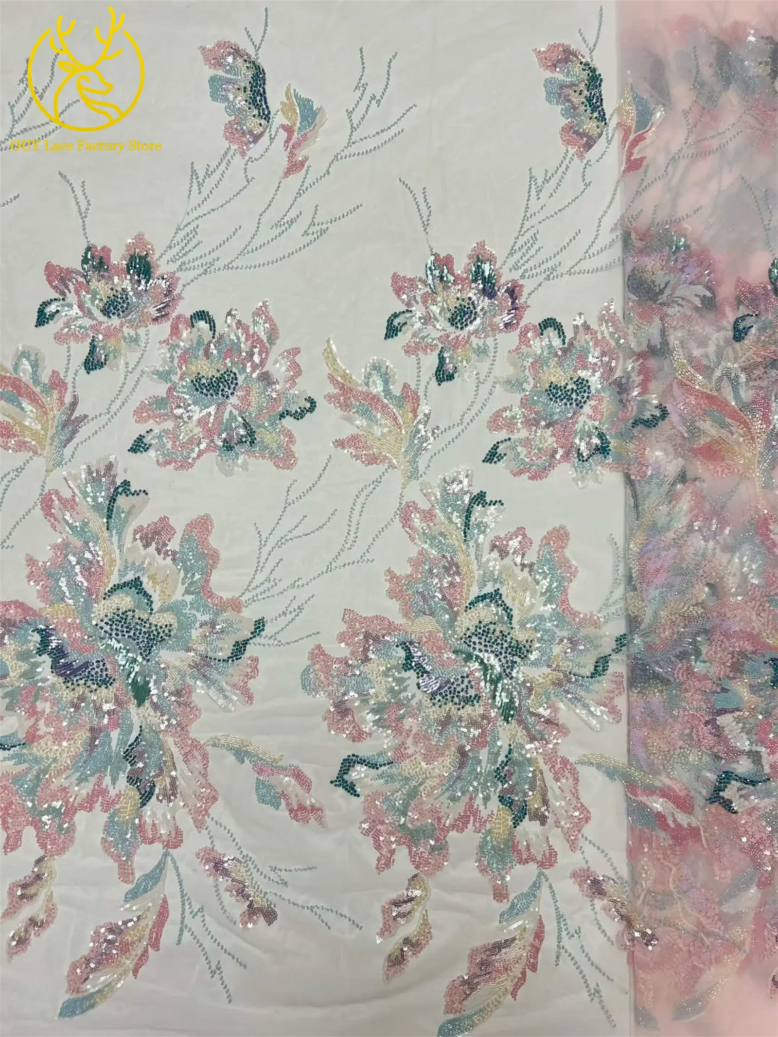 Neuer Stil Luxuriöser Afrikanischer Perlen-Spitzenstoff mit Großen Blumen 2026 Hochwertiger Nigerianischer Pailletten-Spitzenstoff für Brautkleider – Detail 12
