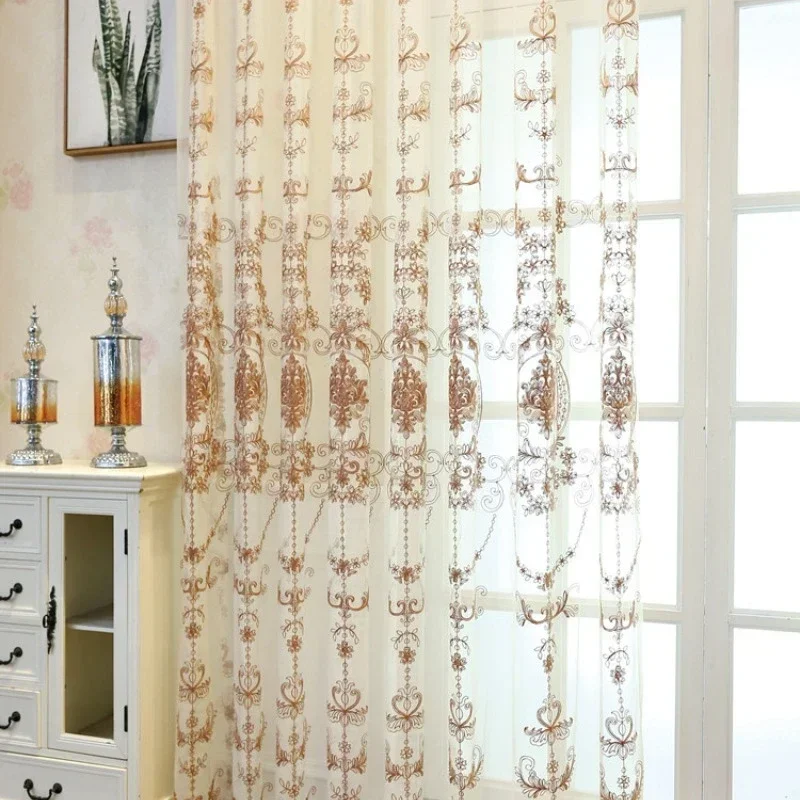 European Embroidered Flower Curtains for Living Dining Room Bedroom Fabric Curtains Coffee Color New Door Curtains Windows