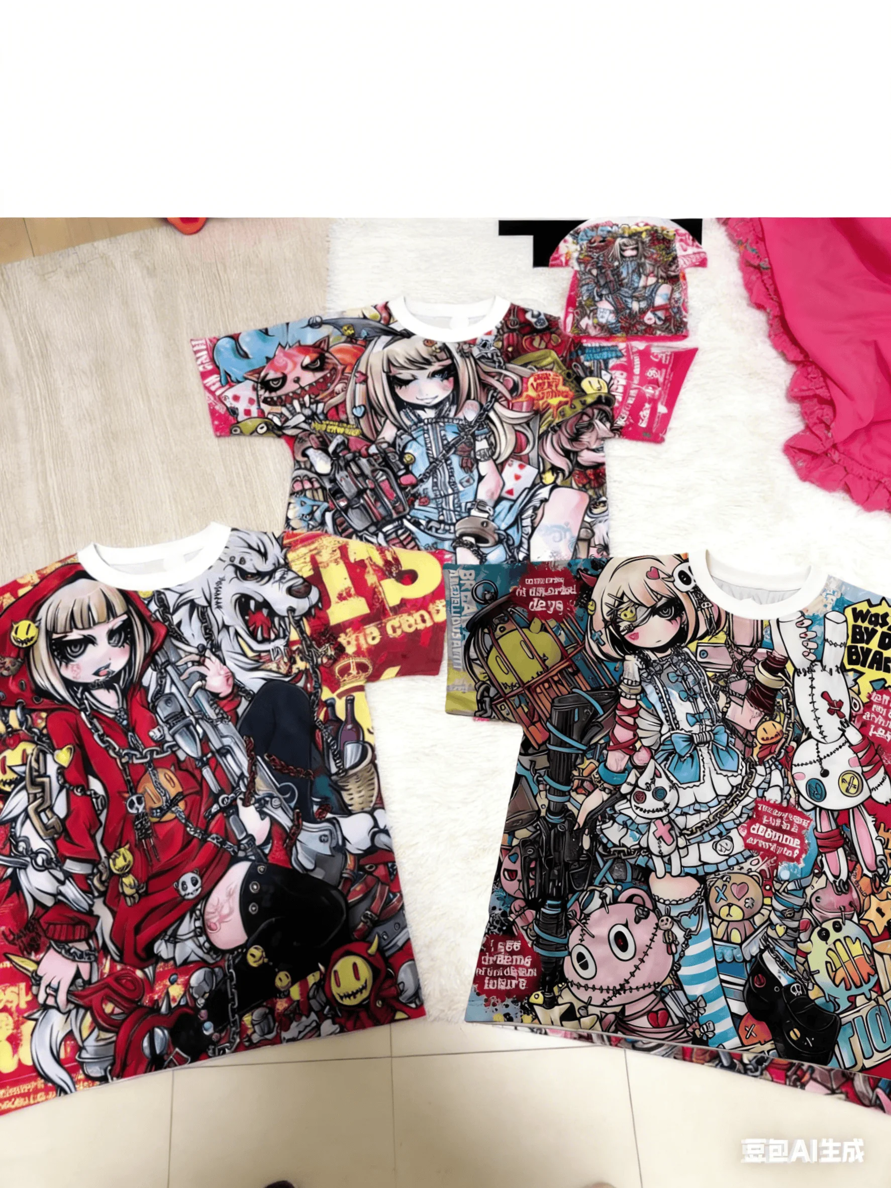 Alice and Little Red Riding Hood Rampage Edition! Adult and Children's Dark Fairy Tale Graffiti 3D Printed Fun Y2K T-Shirt