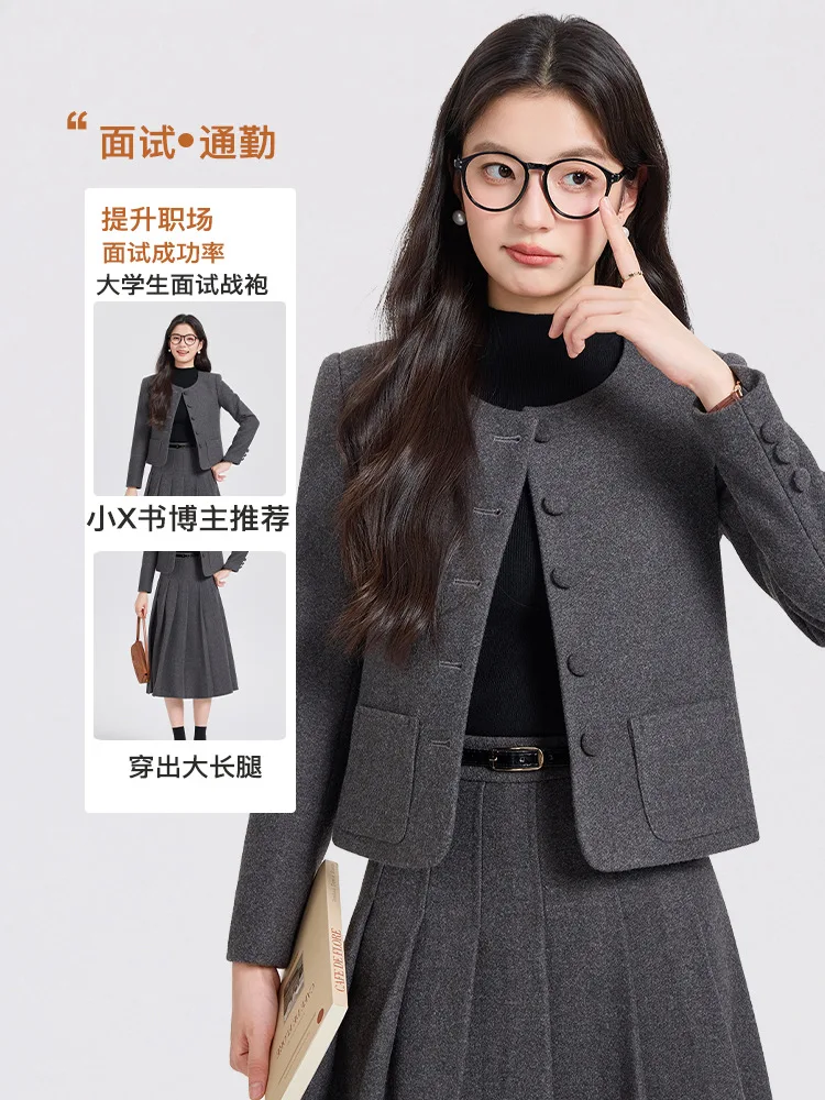 

Gray woolen suit for women, winter thickened woolen two-piece suit2025Round-neck professional workwear