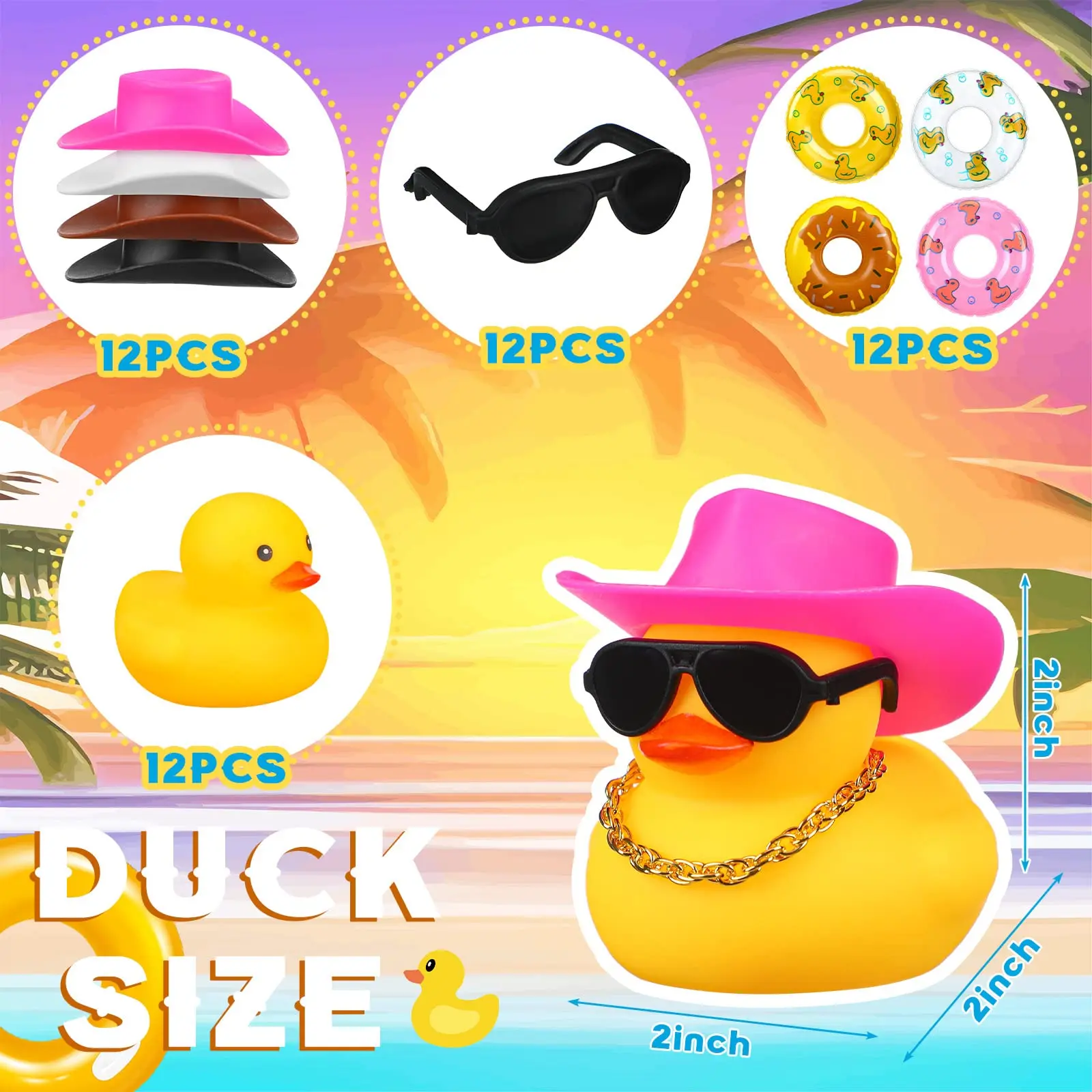 Set of 24 Cowboy Rubber Duck Mini Rubber Duckies with Mini Cowboy Hat Swim Circle Necklace Sunglasses for Bathtub Toys Car Dashb