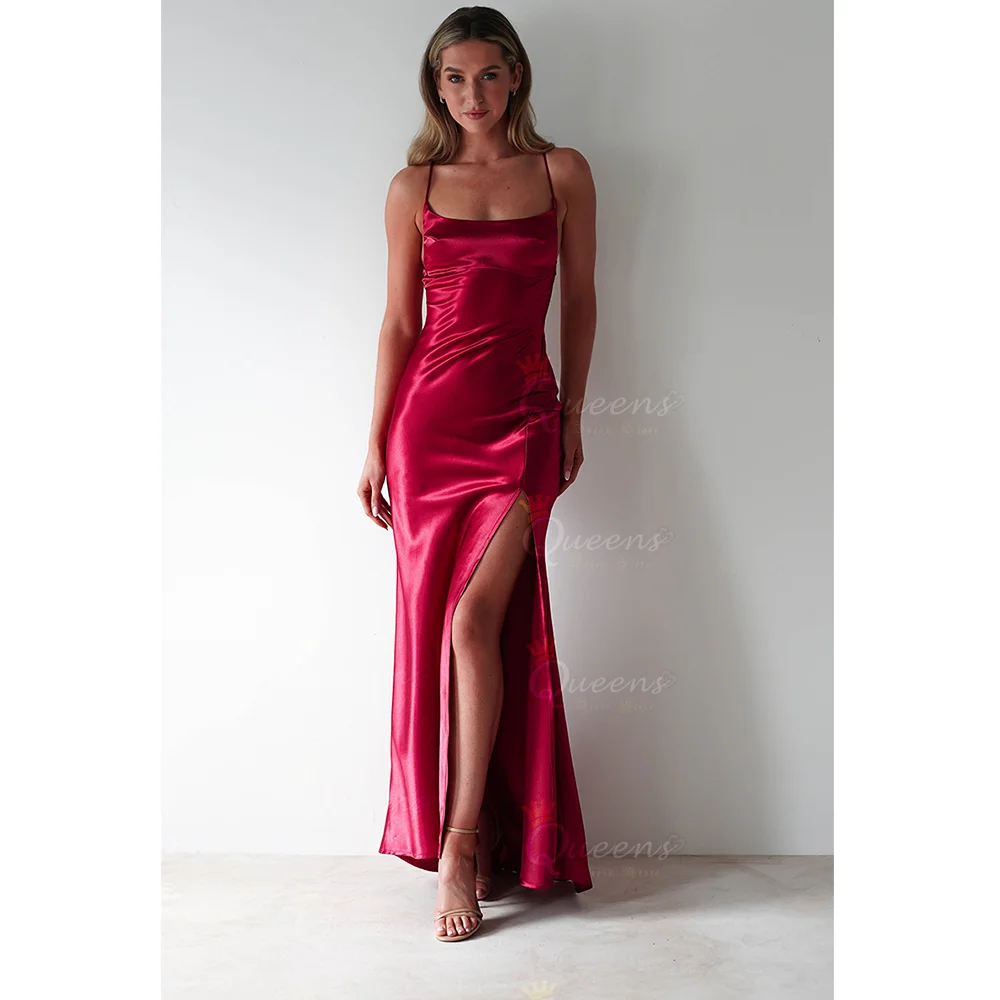 

QueensLove Red Bridesmaid Dress Backless A-Line Wedding Dress Spaghetti Evening Dress Split Elegant Satin Dress