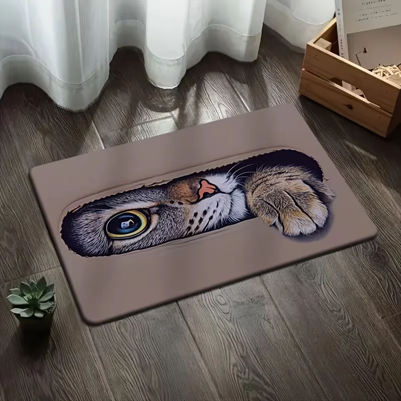 Cat Illusion Hole Design Door Mat Interesting Decorative Bedroom Living Room Bathroom Entrances Non Slip Surface Area Floor Mat