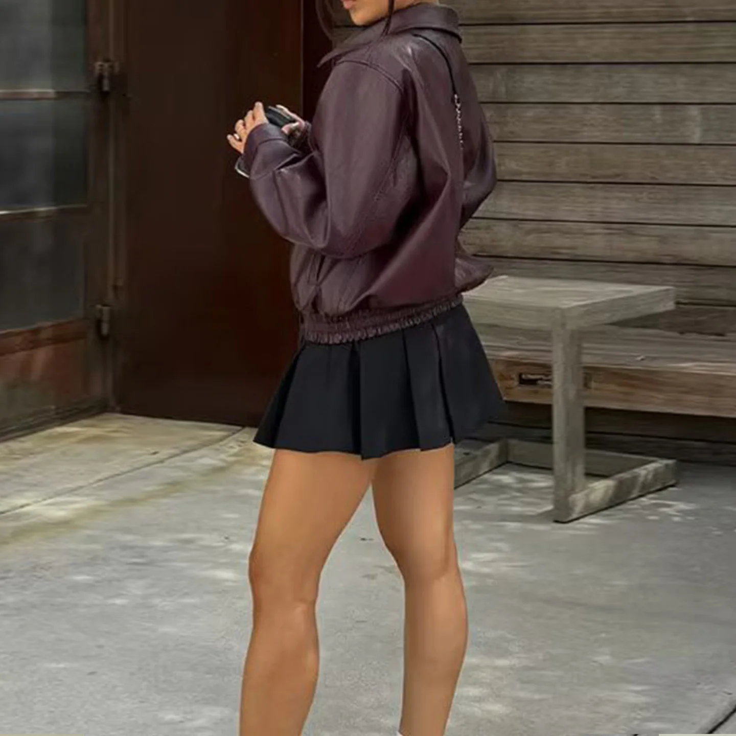 Gola casual de couro Jaet feminino versátil rua sle zíper longo sve solto ajuste outerwear para a temporada outono