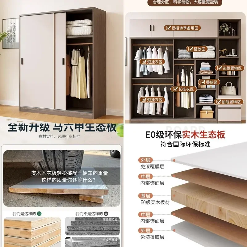 Modern Simple Sliding Door Wardrobe Two Tone Splicing Large Capacity Bedroom Storage Cabinet with Partition for Small