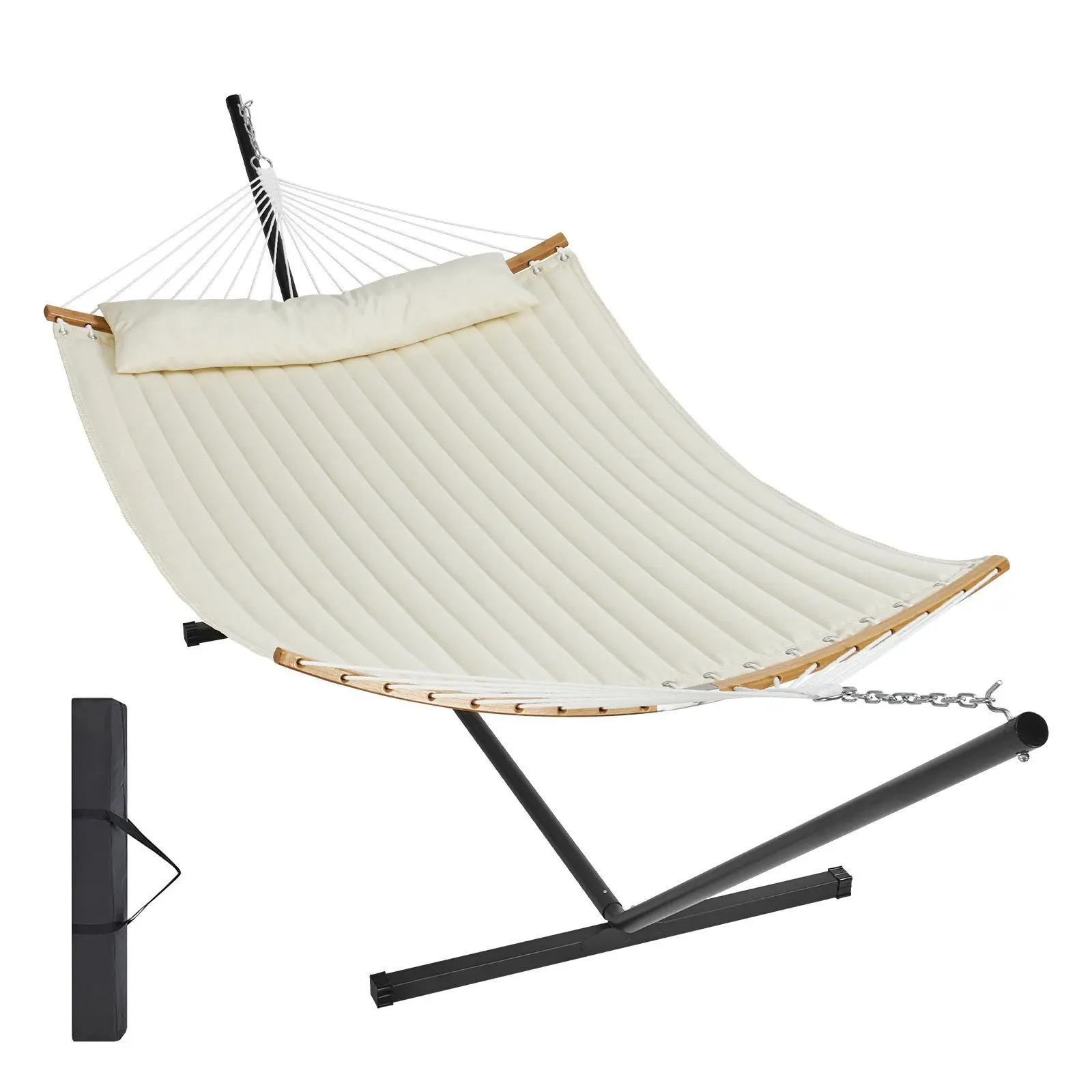 Double Person Hammock with Detachable Curved Spreader Bar and Pillow Portable Carrying Bag and Stand Included