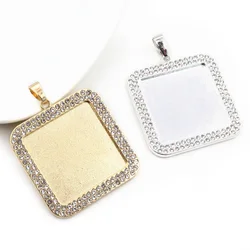 5pcs 25mm Inner Size Rhodium KC Gold Plated Transparent Rhinestone Square Blank Cabochon Base Setting Charms Pendant