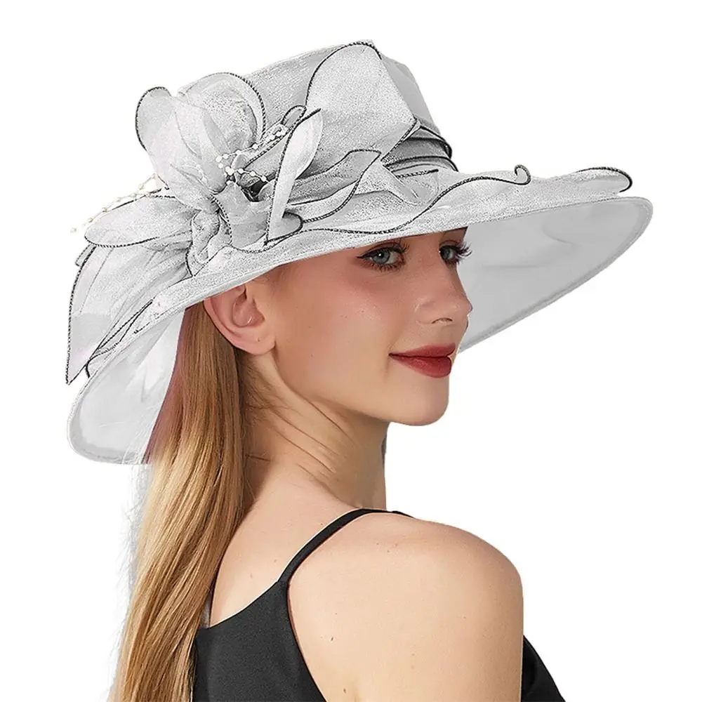 Solid Color Flowers Women Derby Hat Organza Wide Brim Summer Ruffles Sun Hat Foldable UV Protection Bridal Tea Party Wedding Hat
