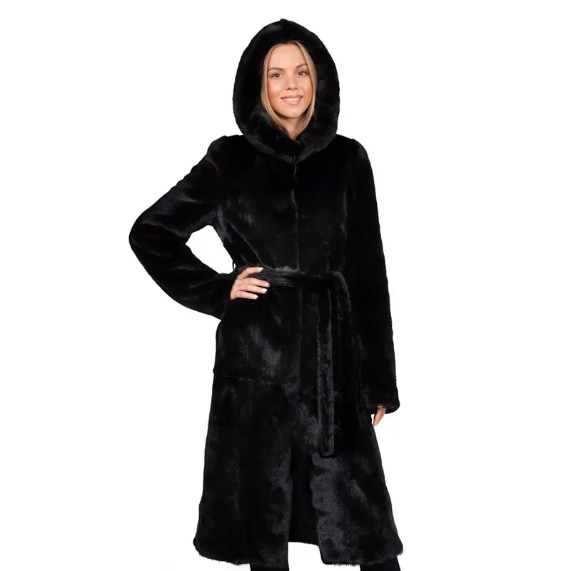 Manteau mi-long en fausse fourrure de vison pour femme, fourrure de lapin, 216.239.