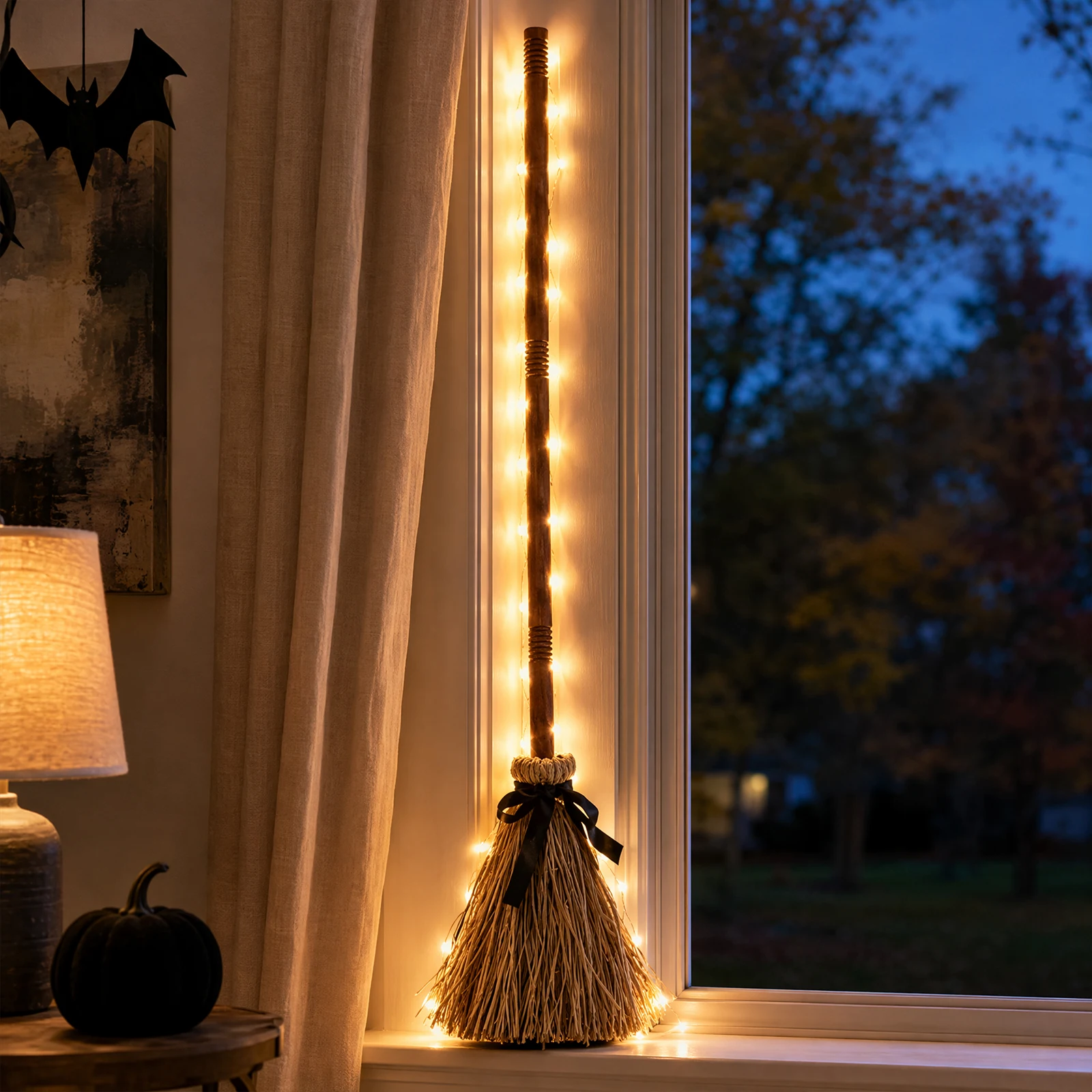 Floating Witch Broom Decor Electric Animated Halloween Haunted House Clap Voice Control 95CM Wall Door Mount