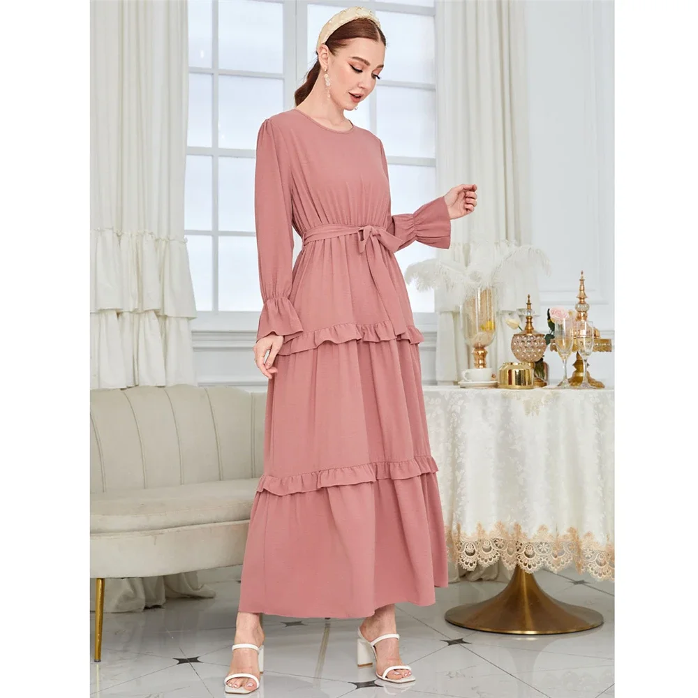 

Eid Mubarak Muslim Women Maxi Dress Casual Ruffle Flare Sleeve Long Party Gown Dubai Abaya Turkey Kaftan Islamic Clothing Robe