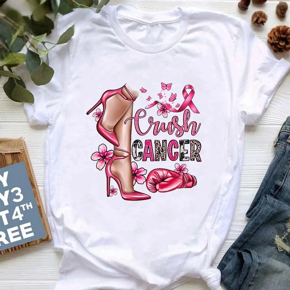 Breast Cancer Prevention Awareness Printed T-shirt Women's Pink High Heels T-shirt Women's Summer Short-sleeved T-shirt Top