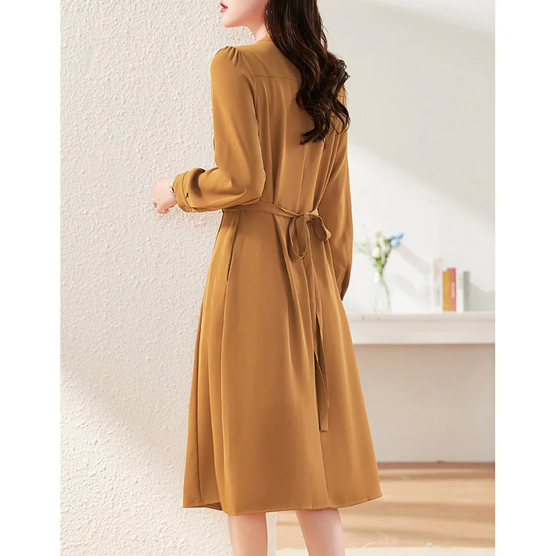 Elegante vestido Midi emendado com decote em O feminino, vestido bandagem solto, dobra-laço, manga comprida, vestidos casuais monocromáticos, roupas