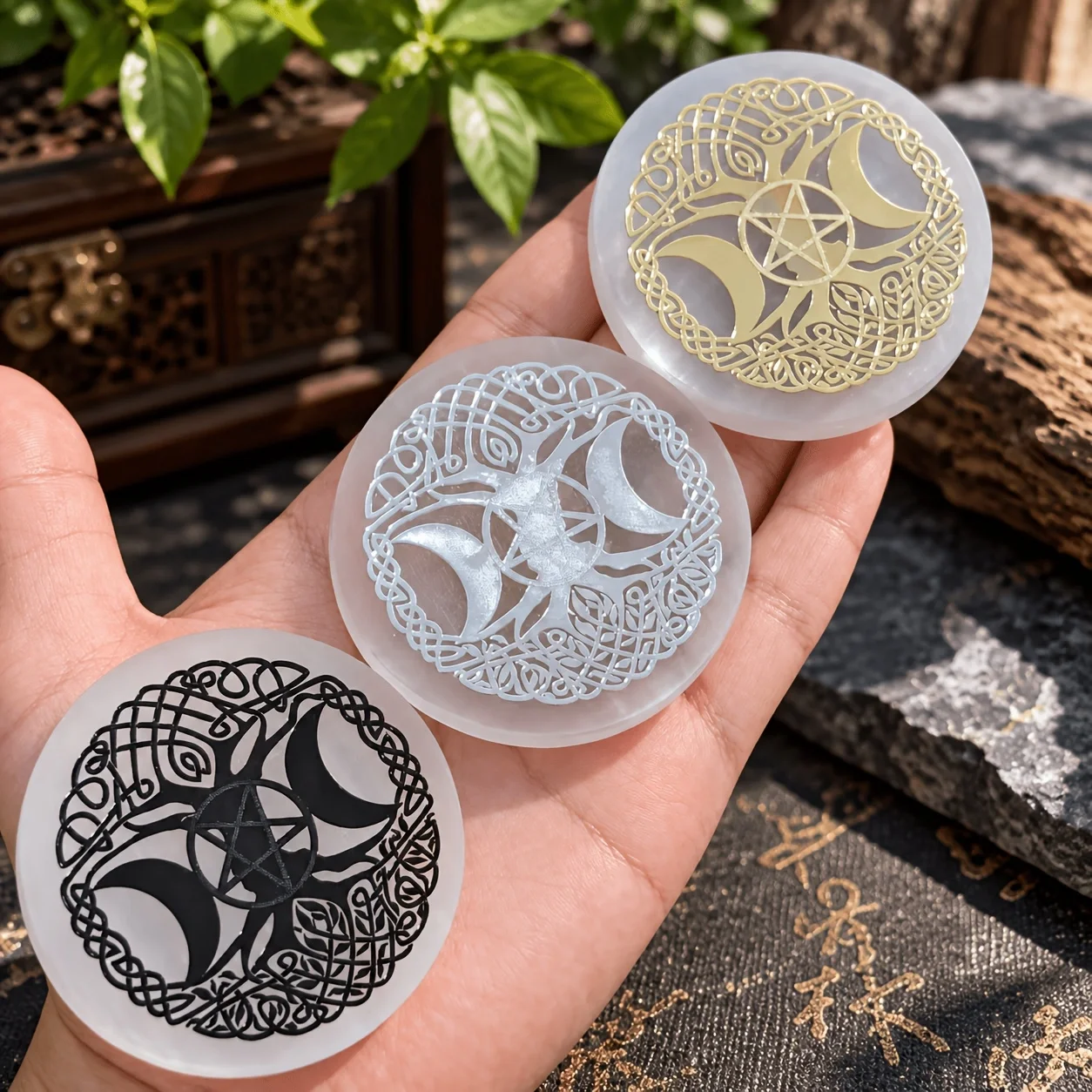 6cm Selenite Charging Plate with Triple Moon Tree of Life Pentacle Symbol, Natural Selenite Round Stone for Home Decor