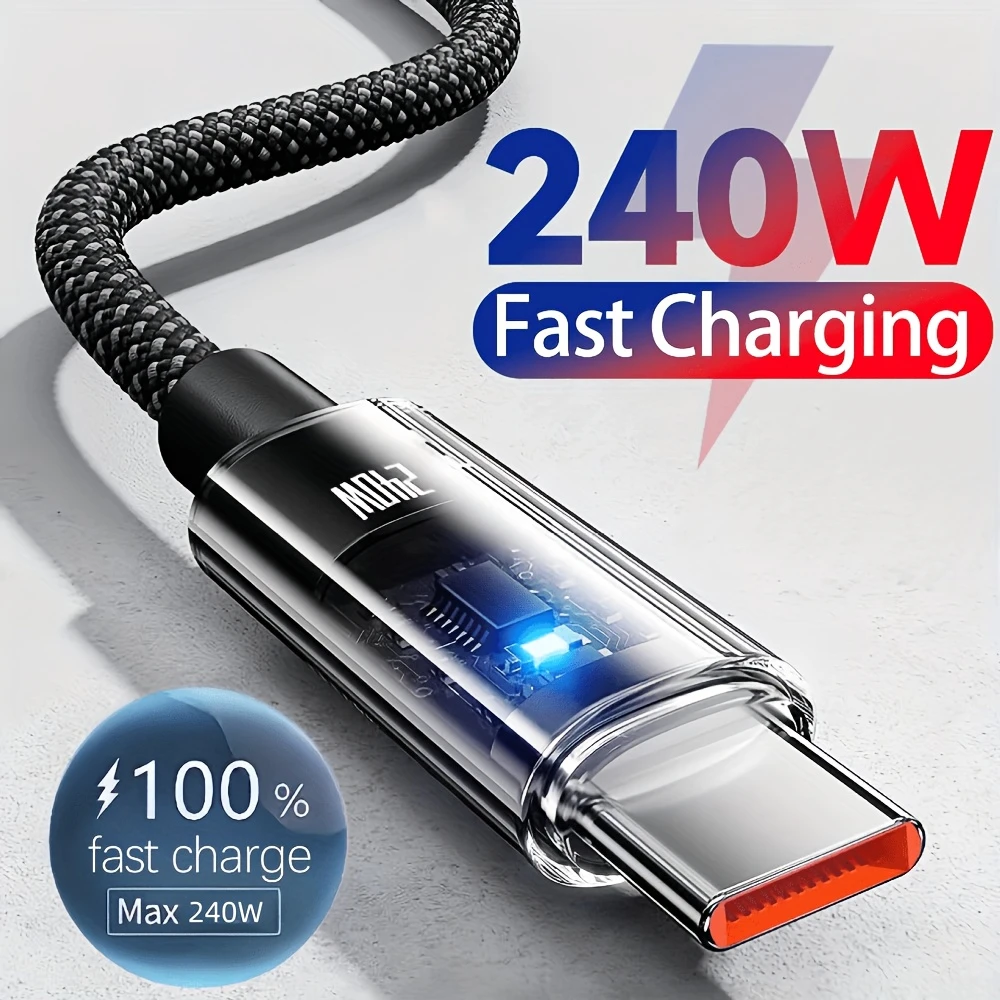 240W High-Power USB-C Fast-Charging Cable with LED Battery Level Indicator—Universal Charging Cable for Smartphones and Laptops