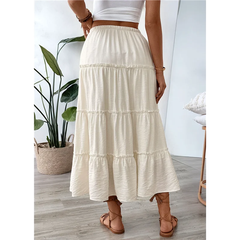 Femmes été décontracté élégant Smock couches à plusieurs niveaux Maxi jupe taille haute une ligne fluide longues jupes avec poches-A55G