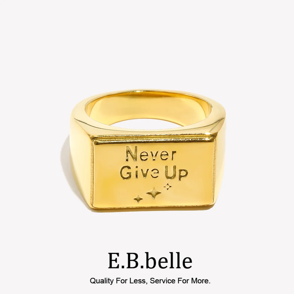 E.B.belle Never Give UP Gold Color Ring Stainless Steel 18K Gold Ring Square Ring Waterproof For Women Girls Hypoallergenic