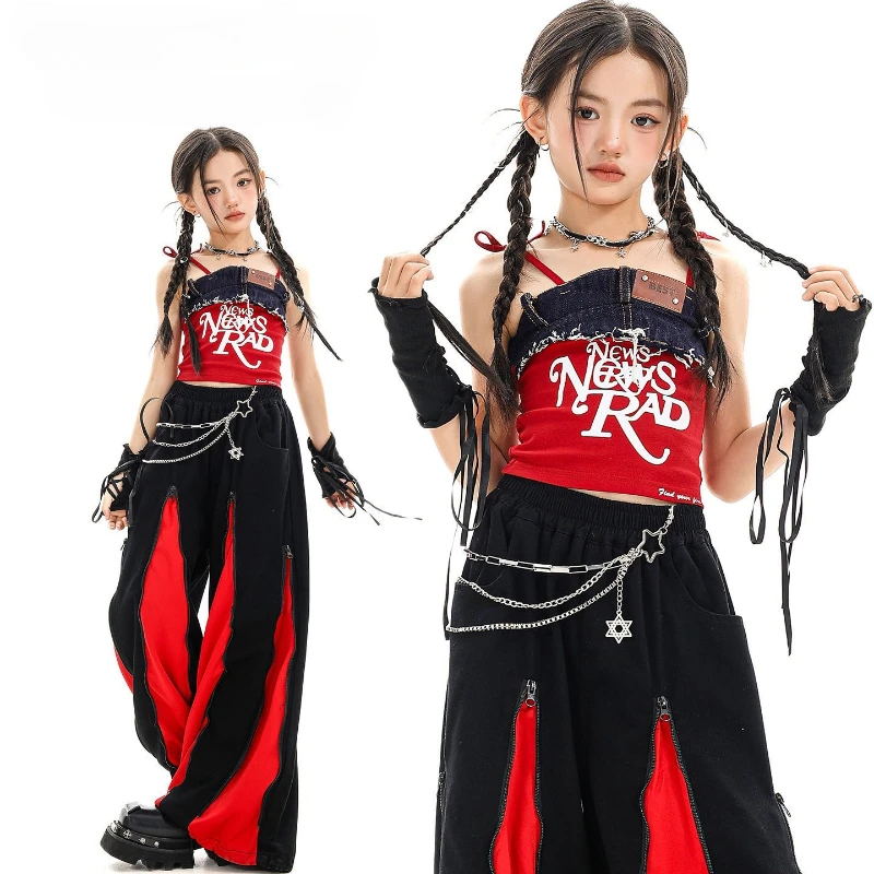 Mädchen Kpop Hip Hop Kleidung Denim Red Lace Up Crop Tank Top Casual Reißverschluss Breite Bein Hosen Tanz Kostüme Gruppe Streetwear Kleidung