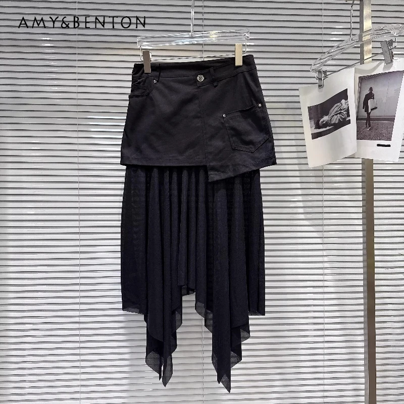 

2026 Summer New Women's Clothing Sweet Cool Hot Girls Pocket Bevel Mesh Splicing Design Loose Skinny Versatile Long Skirt Ladies