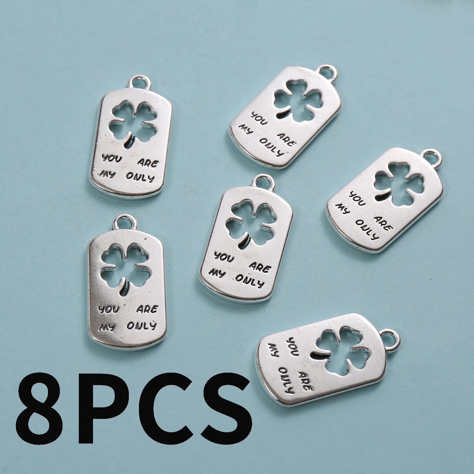 8 Hollow Clover-Shaped English Phrase Tags with the Engraved Text You Are My Only, Rectangular Lucky Clover Pendants, Suitable for DIY Bracelets, Necklaces, Earrings, and Confession-Themed Handmade Beaded Jewelry Accessories