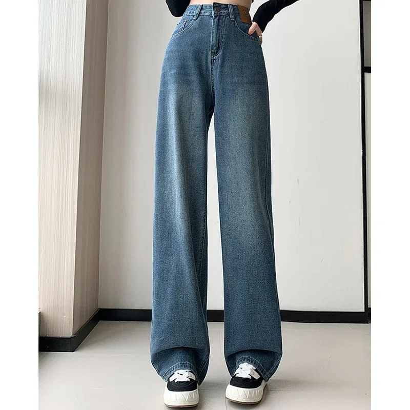 

LIBIELIY 2024 Woman High Waist Streetwear Straight Leg Jeans Girls Vintage Baggy Pants Female Korean Fashion Black Blue Denim T