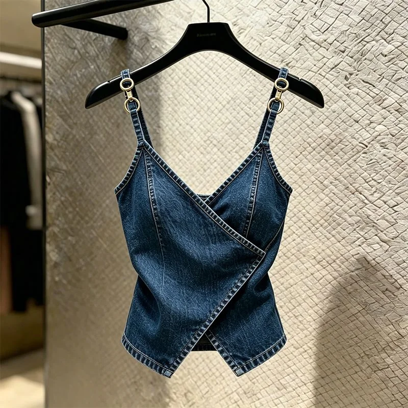 Beautiful Camisole Denim Vest Women Vests Waistcoat Summer New Korean Style Spicy Girl Style Stylish Slimming Denim Shirt Top