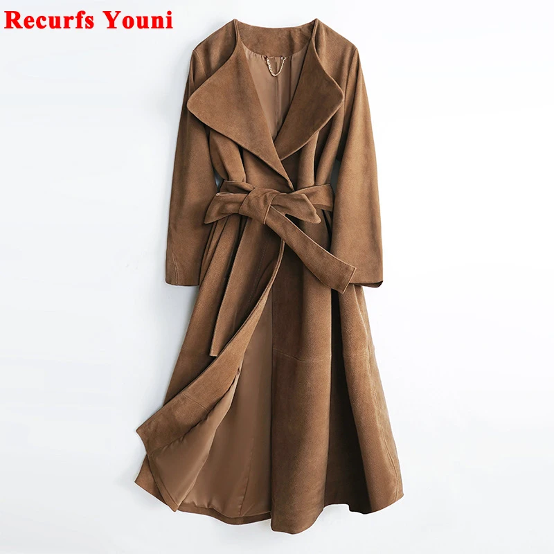 Luxury Nubuck  Leather Trench Coat For Women 2023 Autumn/Winter Sash Cowhide Suede Windbreaker Feminino Outdoor Long Jacket